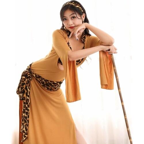 5PCS Set Performance Women Belly Dance Clothes Baladi Dress Saidi One-piece Leopard Dresses Girls Folk Costume Long Robe
