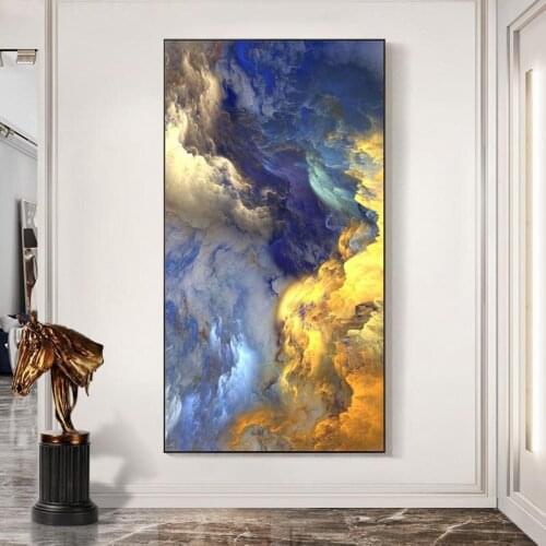 Abstract Golden and Blue Cloud Mist Nordic Wall Art Canvas Posters and Prints Modern Art Fantasy Picture for Living Room Decor