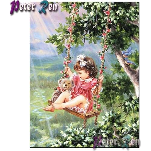 5d Diamond Painting Girl and bear on swing Embroidery Diy full Square/round Mosaic Picture Rhinestone modern Home Decoration