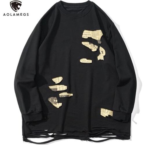 Aolamegs Punk Sweatshirts Hoodie Men Newspaper Printed Patch Hole Ripped Pullover Couple Hipster High Street Oversize Streetwear