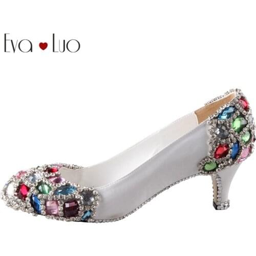 CHS389 Custom Handmade Low Heel Crystal White Big Size Women Shoes Bridal Wedding Shoes Dress Pumps DHL