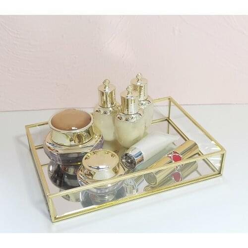 Nordic Gold Glass Mirror Decorative Storage Tray for Makeup Dessert Plate Jewelry Necklace Bracelet Table Perfume wedding brides