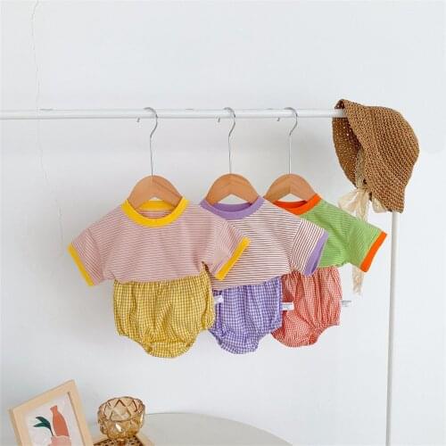 Children Summer Outfit Baby Girls Stripe Short Sleeve T-Shirt + Plaid Elastic Waist Pantie Hom Wear Toddler Kids Clohings