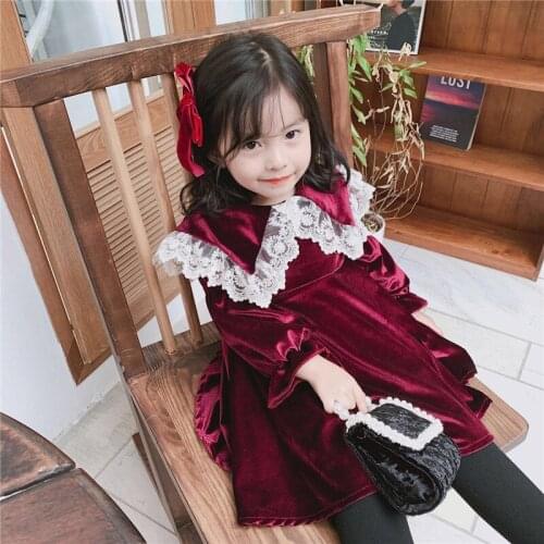 Childrens Dress Autumn 2020 New Girl Baby Golden Velvet Princess Dress Korean Style Baby Girl Lace Collar Party Dresses 2-7Y