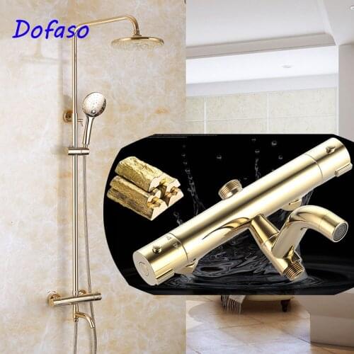 Dofaso Gold Shower Faucets Wall Mounted Thermostatic Mixer Tap Antique Brass Dual Handle shower set With Handheld Shower Head