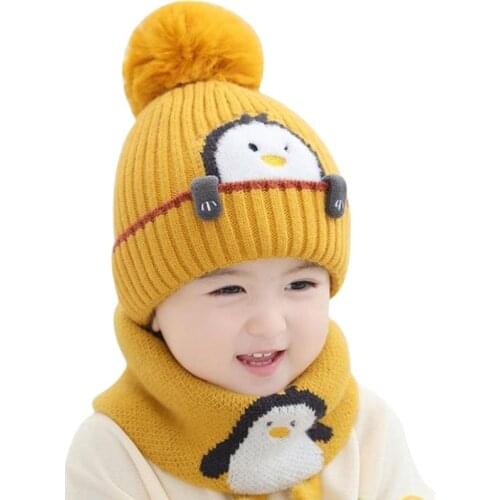 Doitbest 1 to 4 Years old baby kids Beanie sets Cute penguin 2 pcs 2021 boys girls winter villus hat scarf set