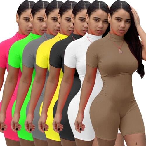 Elastic Hight Skinny Rompers Womens Bodysuit Casual Solid High Necked Short Sleeve Sporty Outfits Summer Body-shaping Playsuit