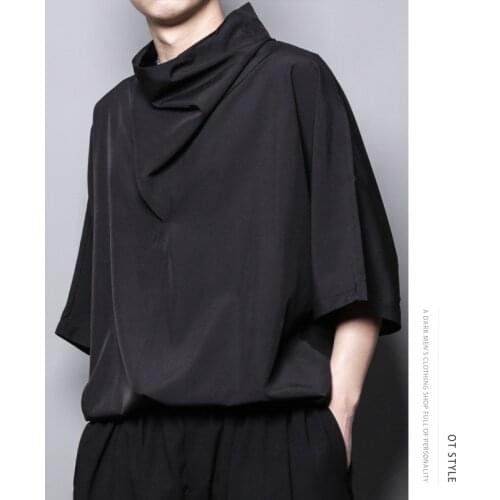 2021 Summer dark loose personality simple design leisure large size high heap collar short sleeve T-shirt S-6XL