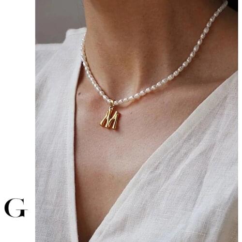 GHIDBK Dainty Bohemian Natural Freshwater Seed Pearls Alphabet A-Z Pendant Choker Collars Necklaces Stainless Steel Jewelry