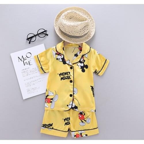 Summer Short Sleeve Kid Sleepwear Set Silk Pajamas Boys for Children Home Cloth Girls Disney Cartoon Mickey Suit