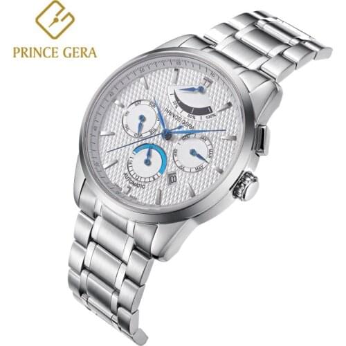 PRINCE GERA Mens Business Watches JUNGHANSY Multi-function Clocks Automatic Watch Sapphire Crystal Stainless steel Wristwatches