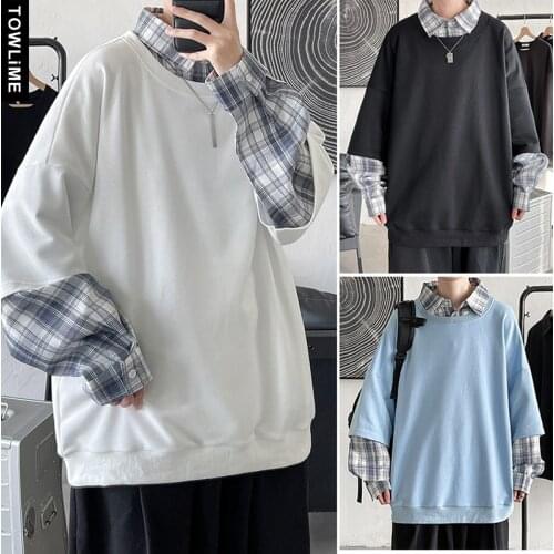 Autumn New 2021 Men Fashion Plaided Printed Patchwork Fake Two Pieces Pullover Tops Hip Hop Loose Sweatshirts Casual Hoodies