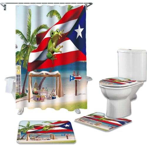 Palm Tree Puerto Rico Flag Frog Beach Durable Waterproof Shower Curtain Set Bathroom Rugs Carpet Toilet Seat Cover Pad Floor Mat