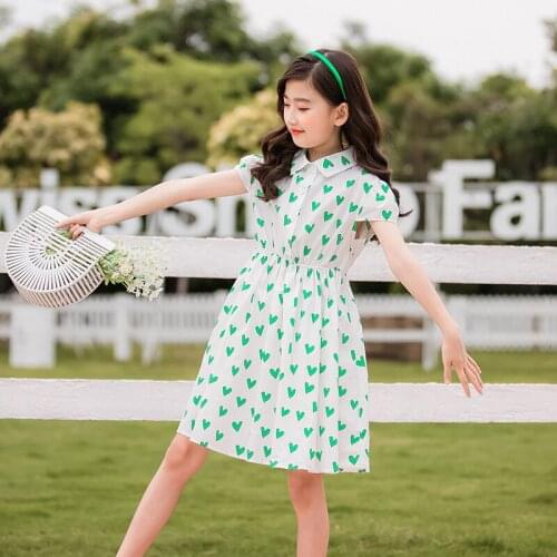 Girls Dresses Summer 2021 New Kids Cotton Dresses Turn-down Collar Love Print Short Sleeve Sweet Dress Clothes for Girl 10 to 12