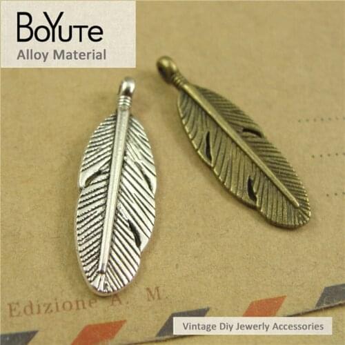 BoYuTe (100 Pieces/Lot) 30*9MM Antique Bronze Silver Plated Metal Feather Charm Pendants for Diy Jewelry Accessories Wholesale