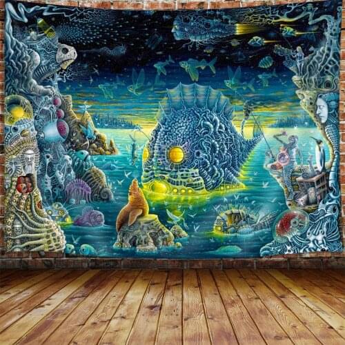 Trippy Fish And Jellyfish Tapestry Psychedelic Tapestry Wall Hanging For Bedroom Hippie Tapestry Beach Blanket Dorm Home Decor