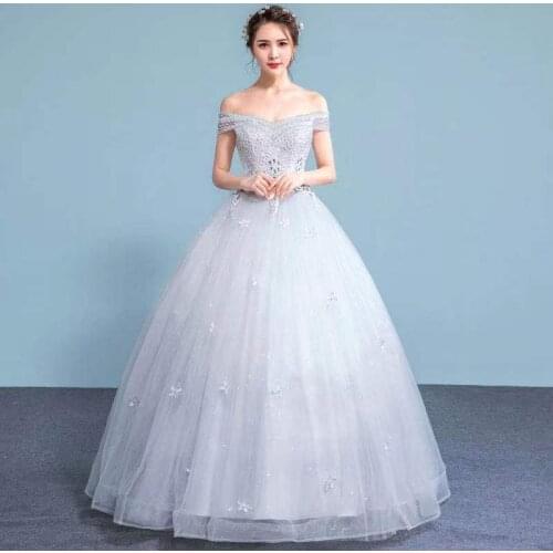 Boat Neck Wedding Dress Elegant Sequins Floral Print Empire Off The Shoulder Floor-Length Plus Size Wedding Gowns For Women G253
