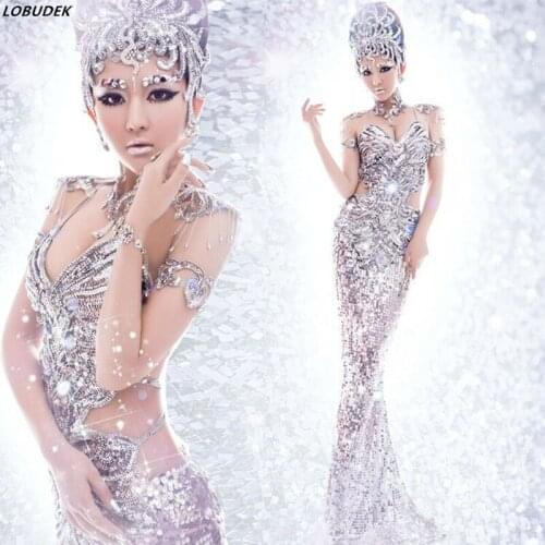 Silver Lady Singer stage Costume Sexy Trailing long dress Host Star Party Celebration Dance wear