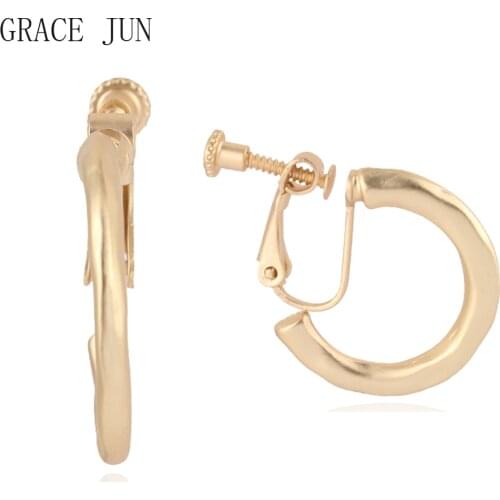 GRACE JUN New Korea Style Hoop Copper Material Geometric Clip on Earrings Without Pierced Elegant Cuff Hypoallergenic Ear Clip