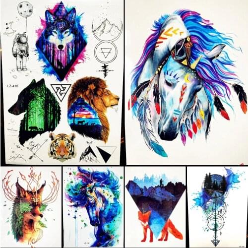 Blue Watercolor Unicorn Horse With Butterfly Temporary Tattoo Stickers Women Body Art Sleeve Water Transfer Fake Tattoo HLZ-128