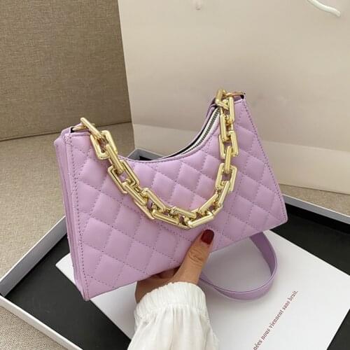 2021 Fashion Lattice Pattern Women PU Shoulder Bag Soft Pu Leather Female Thick Chain Tote Bags Travel Shopping Underarm Bag