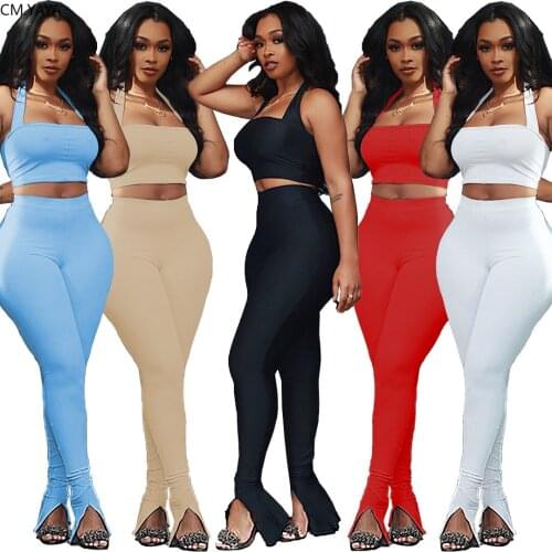 CM.YAYA Streetwear Women Set Two Piece Set Tracksuit Halter Neck Crop Tops Split Flare pants Suit Fitness Outfit Matching Set