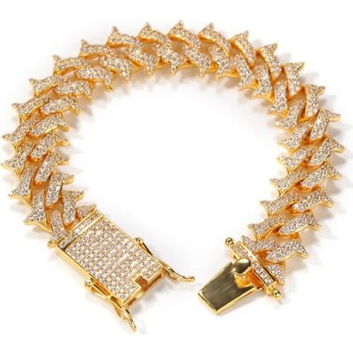 HIP Hop Prong Setting Cubic Zirconia Bling Iced Out Thorns Cuban Miami Link Chain Bracelets Bangle for Men Rapper Jewelry