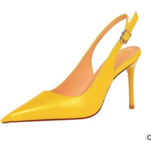 Women Shiny Single Shoes Sword Month Back Buckle Strap 9.5 & 7cm Thin Heels Simple Classic Plain Slip-ons For Party Nigh Club 43