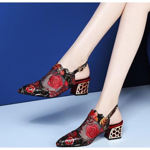 2020 High Heels Sandals Woman Mesh Summer Shoes Women Pumps Pointed toe Ankle Buckle Strap Ethnic Embroidery Flower Handmade