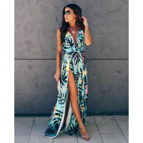 Summer Sexy Dress Women Bohemian Slim Sleeveless V-neck Print Casual Empire Floor-Length Backless Turquoise Boho Long Maxi Dress