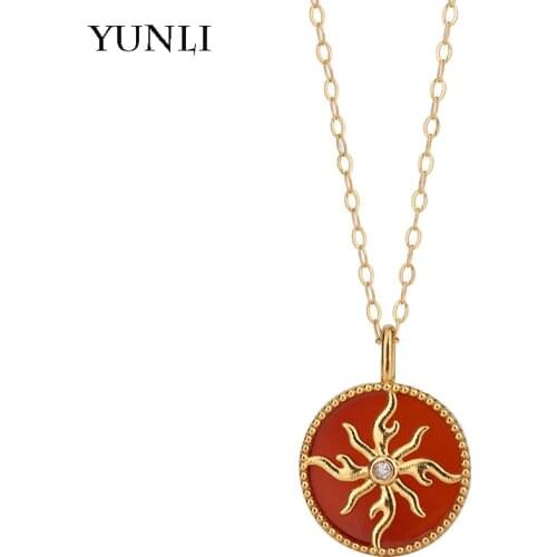 YUNLI Natural Diamond Real 18K Gold Pendant Necklace Red Agate Lucky Compass Pure AU750 Chain for Women Fine Jewelry Gift PE010