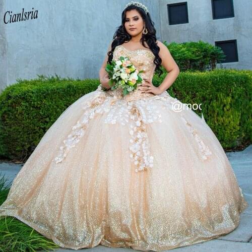 Gold Sparkly Beading Crystal Sleeveless Ball Gown Quinceanera Dresses Bow Handmade Flowers Sweet 16 Dress Prom Party Dress