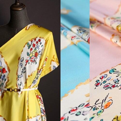 138*98CM 18MM Weight Print Blue Yellow Pink Twill Silk Fabric for Summer Spring Suit Dress Jacket Coat DE1431