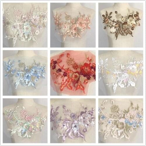 3D flower beaded rhinestone mesh embroidery fabric lace dress 3d embroideri patch clothes decoration accessories CC101