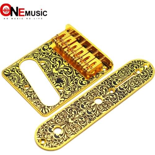 6 String Roller Saddle Bridge and Control Plate for TL Electric Guitar with Carving Decorative Pattern Strings Through Bridge