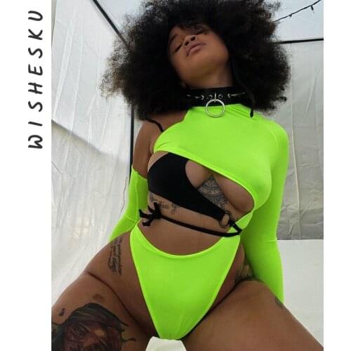 Asymmetric Fashion Rompers O-neck Color Patchwork High Waist Hollow Out Skinny Bodysuit 2021 Spring Summer Streetwear