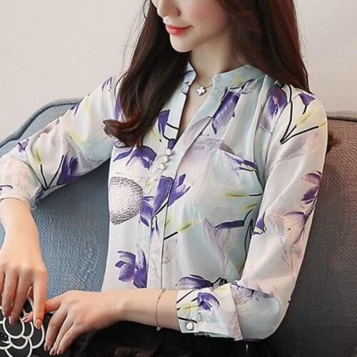 Blusas Mujer De Moda 2021 Floral Print Chiffon Blouse Womens Tops And Blouses Long Sleeve V-neck Office Ladies Tops Blusas A12