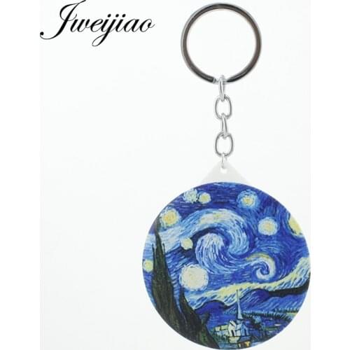 JWEIJIAO Van Gogh Painting The Starry Night Photo Printed Keychains Mirrror Beauty Tools Car Key chains Makeup Mirrors Gifts