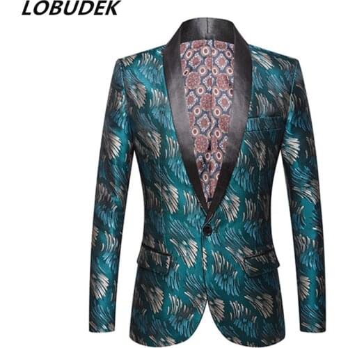 Mens Jacquard Blazer Bar Evening Party Singer Host Stage Performance Suit Jackets One Button Slim Fit Print Suit Coat Costume