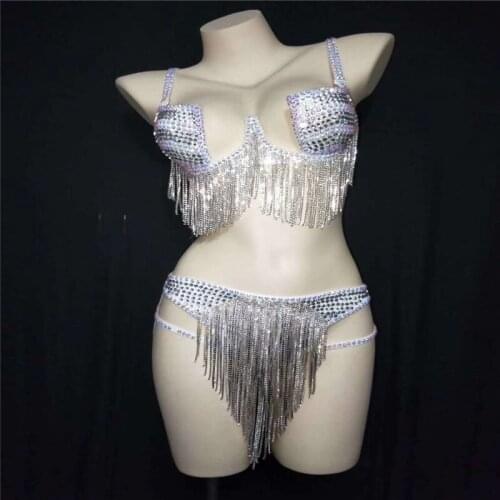H63 Diamond Chain Singer Backless Show Crystal Drilling Bikini Pearls Tassels Fashion Mesh Sexy Pole Dance Rhinestone Party Hi