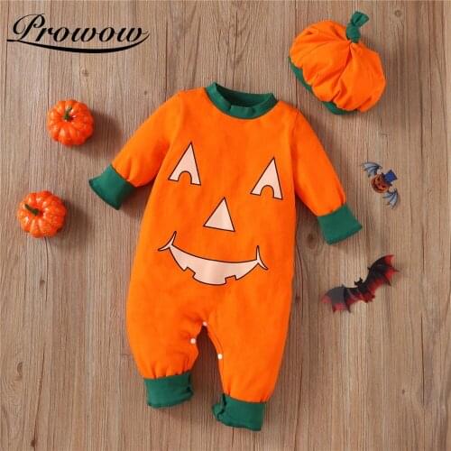 Prowow 2 Pcs Baby Halloween Costume Pumpkin Grimace Babys Rompers With Pumpkin Hat Autum Winter Festival Jumpsuit For Kids Boys