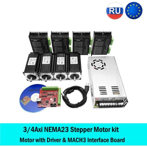 ES&RU free VAT ! 3/4 axis stepper motor Kit：Nema23+TB6600/DM542 motor driver+MACH3 interface board+ power supply 350W CNC parts