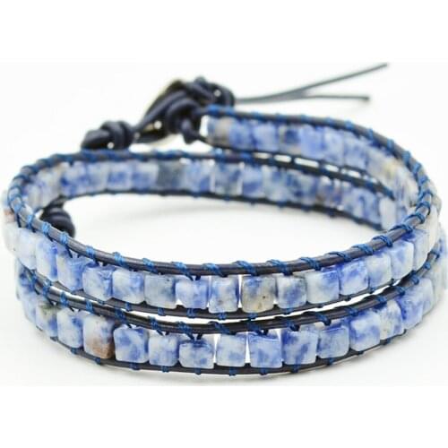 Square Blue Vein Stone Wrap Bracelet for Women 2Layers Leather Handmade Braided Friendship Beaded Bracelet Boho Jewelry Dropship