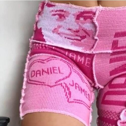 Summer Knitted Shorts Goth Women Patchwork Print Knit Shorts Hot Sexy Ladies Pink Highstreet Clubwear 2021 Fashion E Girl Shorts