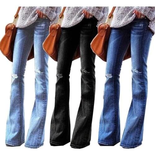 New Mid Waist Flare Jeans Black Bell knee Ripped Female Jeans For Women Denim Skinny Jeans Mom Wide Leg Plus Size XS-4XL