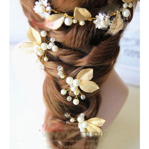 FORSEVEN Headwear Earrings Set Bride Headdress Handmade Korean Style Leaf Jewelry Bride Wedding Gold Color Flower Decoration