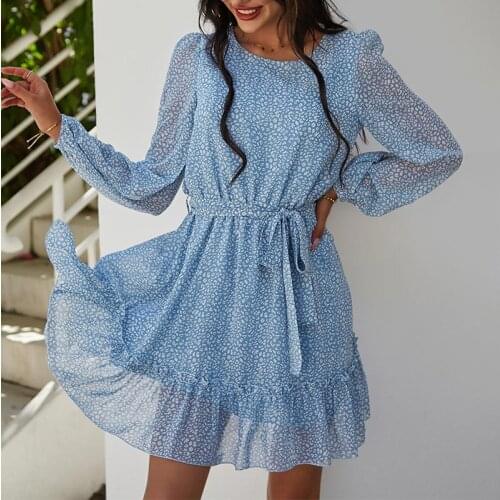 Chiffon Flower Print Womens Dress O-Neck Long Sleeve Sashes Elegant Female Ruffled Dresses 2021 Spring Bohemian Mini Vestidos