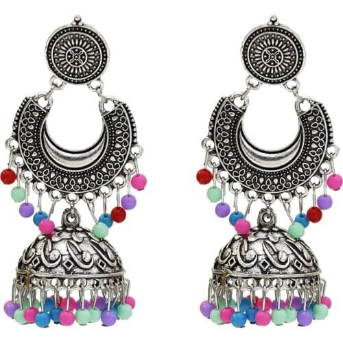 India Jhumka Metal Fringe Women Earrings Resin Bead Pendant Hippie Tribe Egypt Egypt Nepal Gypsy Oorbellen female Jewelry