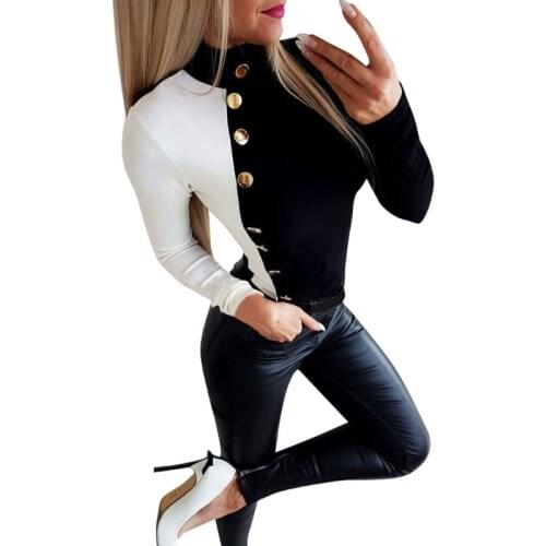 Women Autumn Long Sleeve Bodycon Pullover Tops Color Block Patchwork Turtleneck Side Buttons Decor Streetwear