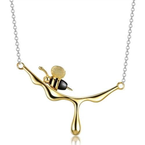 18K Gold Bee and Dripping Honey Pendant Necklace Real 925 Sterling Silver Handmade Designer Fine Jewelry for Women